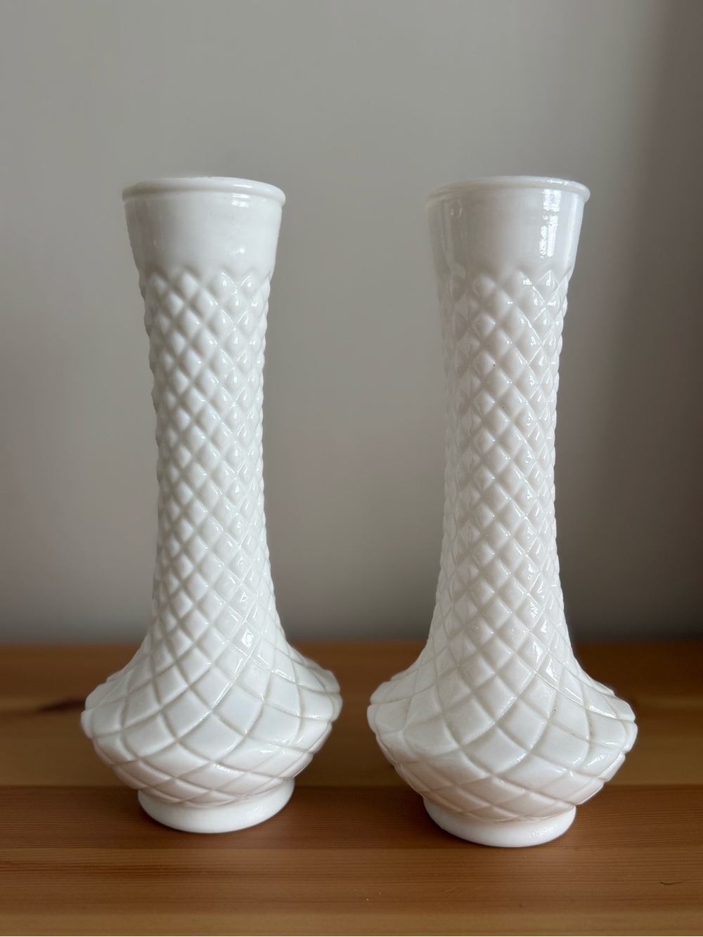 Vintage Milk Glass Vases Set of 2 Diamond Lattice Bud Vases 9”